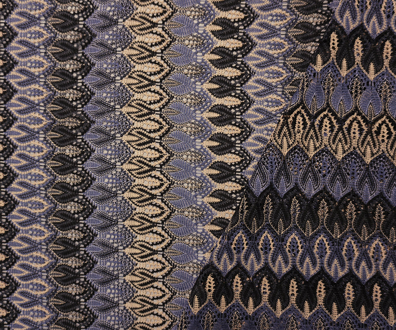 Blue-Black-Beige Poly Ogee Crochet Lace Novelty Knit Fabric