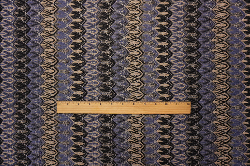 Blue-Black-Beige Poly Ogee Crochet Lace Novelty Knit Fabric