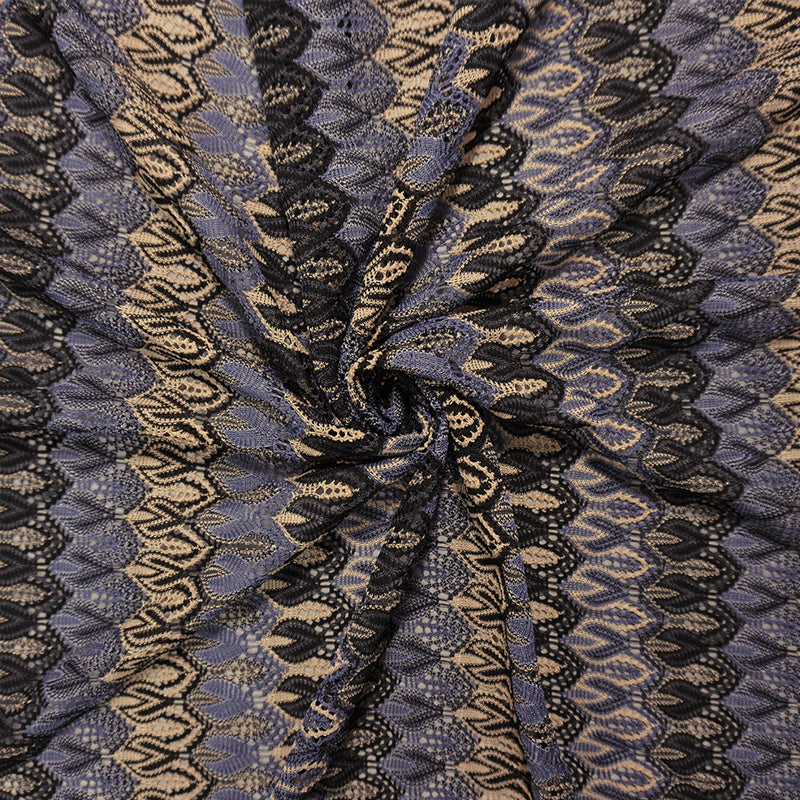 Blue-Black-Beige Poly Ogee Crochet Lace Novelty Knit Fabric
