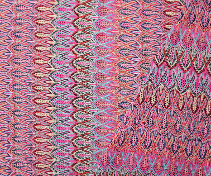 Pink-Blue-Multi Poly Ogee Crochet Lace Novelty Knit Fabric