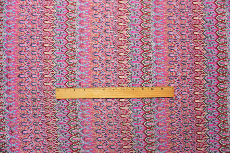 Pink-Blue-Multi Poly Ogee Crochet Lace Novelty Knit Fabric