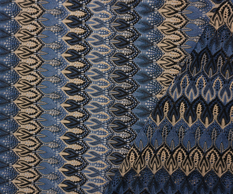 Blue-Beige-Black Poly Ogee Crochet Lace Novelty Knit Fabric