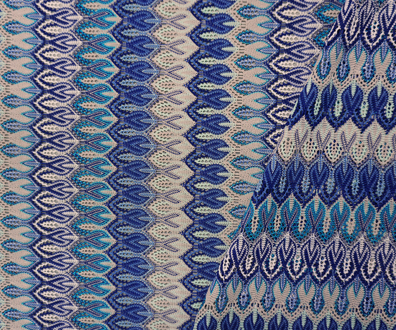 Blue-Beige-Multi Poly Ogee Crochet Lace Novelty Knit Fabric