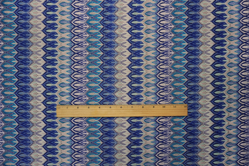 Blue-Beige-Multi Poly Ogee Crochet Lace Novelty Knit Fabric