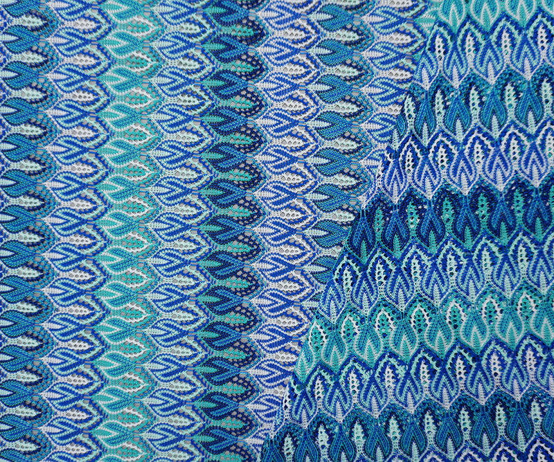 Blue-Green-Teal Poly Ogee Crochet Lace Novelty Knit Fabric