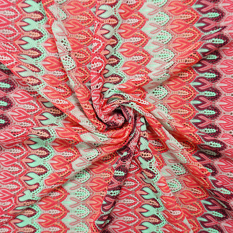 Red-Green-Multi Poly Ogee Crochet Lace Novelty Knit Fabric