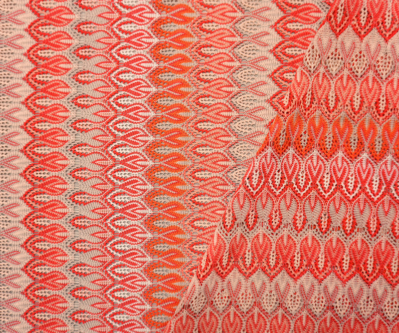 Orange-Red-Multi Poly Ogee Crochet Lace Novelty Knit Fabric