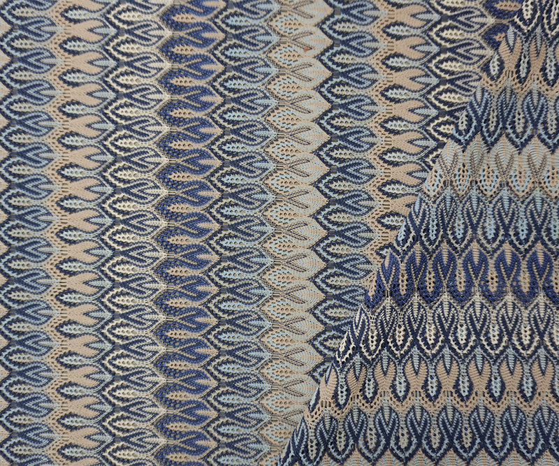 Blue-Taupe-Multi Poly Ogee Crochet Lace Novelty Knit Fabric