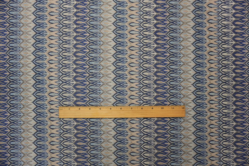 Blue-Taupe-Multi Poly Ogee Crochet Lace Novelty Knit Fabric