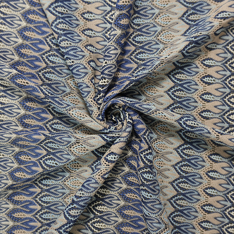 Blue-Taupe-Multi Poly Ogee Crochet Lace Novelty Knit Fabric