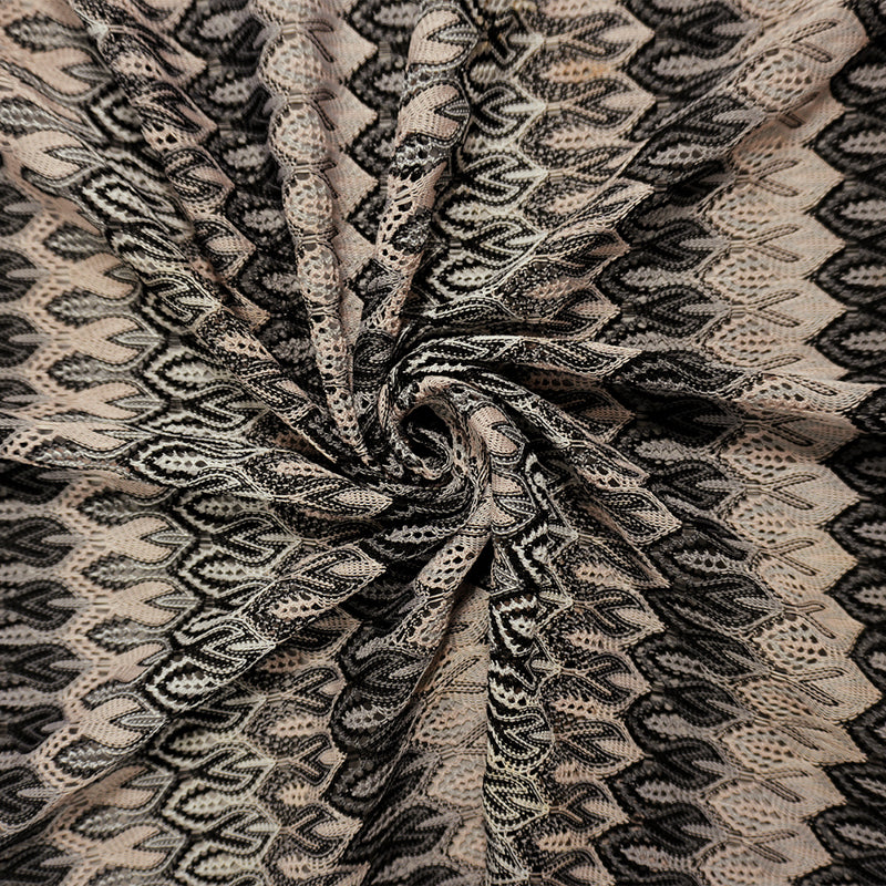 Black-Beige-Gray Poly Ogee Crochet Lace Novelty Knit Fabric