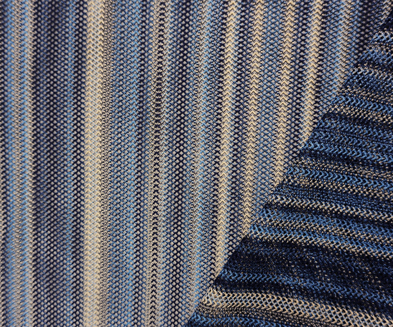 Blue-Navy-Gray Poly Stripe Crochet Lace Novelty Mesh Knit Fabric