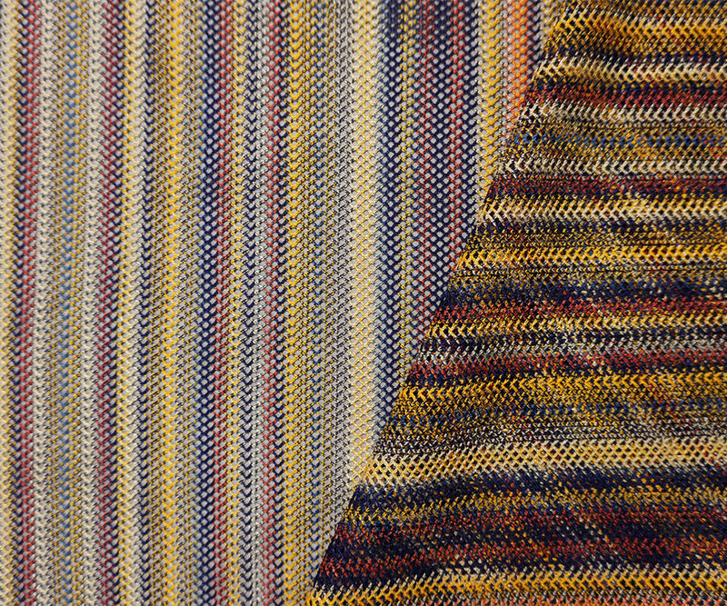 Yellow-Navy-Multi Poly Stripe Crochet Lace Mesh Knit Fabric