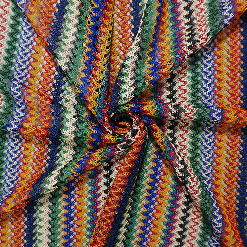 Green-Blue-Muilti Poly Stripe Crochet Open-Lace Novelty Knit Fabric