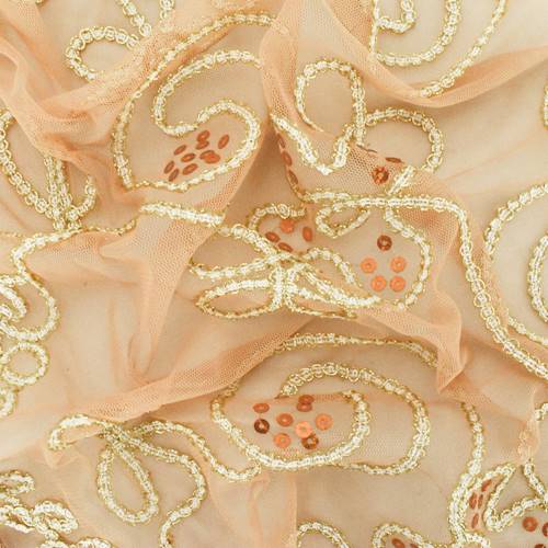 3 3/8 YD PC-Deep Beige/Gold/White Swirl Applique Sequin Scallop Mesh Fabric