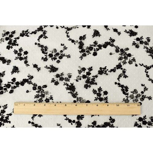 Black/White Velvet Flock Floral Printed Dot Mesh Fabric
