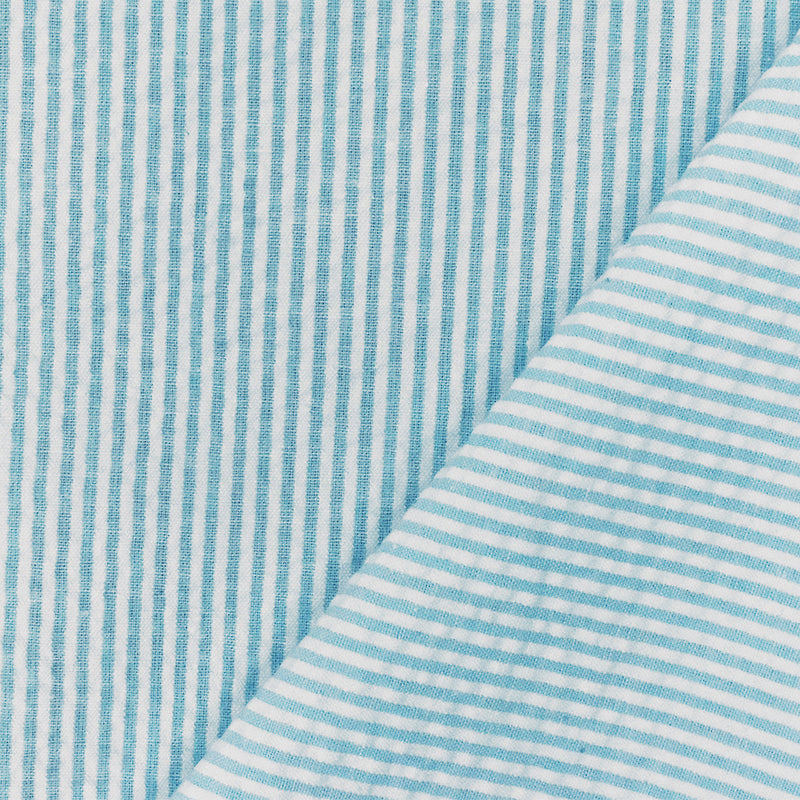 Blue-White Stripe Cotton Poly Seersucker Woven Fabric