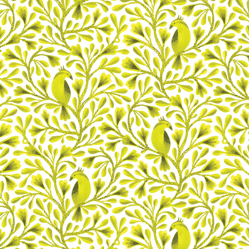Dark Lime Citrine Birds and Branches Cotton 44”/45” Fabric Per Yard