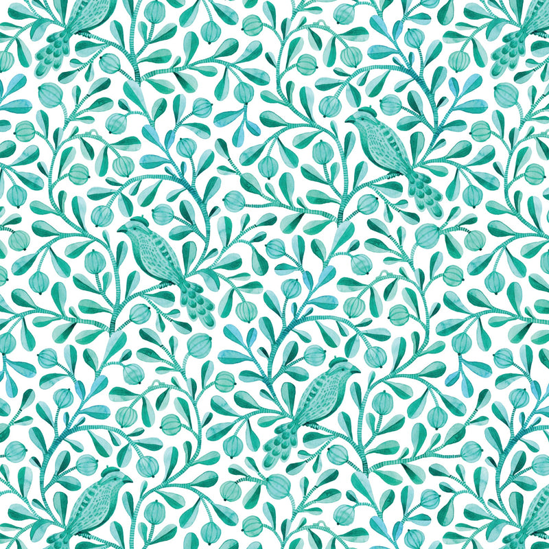 Turquoise Felipe Birds and Branches Cotton 44”/45” Fabric Per Yard