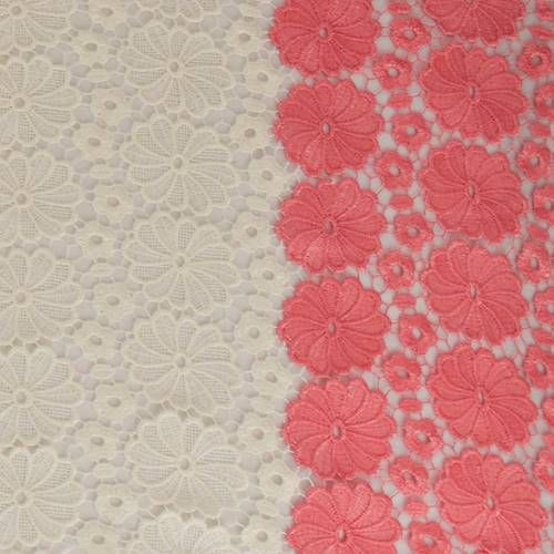 3 YD PC-Cream White/Coral Floral Lace Fabric