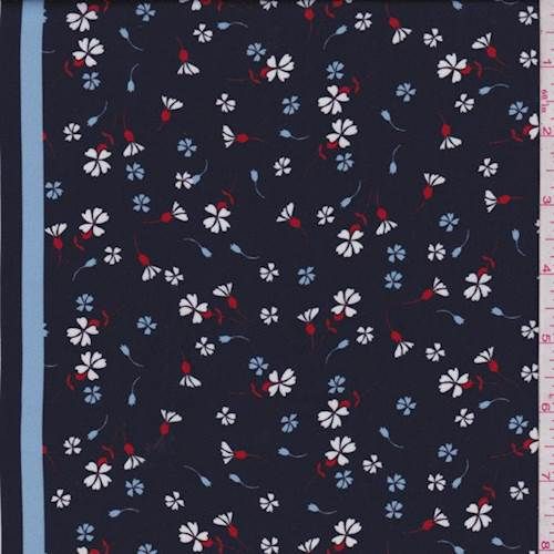 Dark Navy 2 PANELS Tossed Floral Polyester Charmeuse Fabric