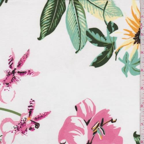 White Multi Tropical Floral Double Brushed Jersey Knit Fabric