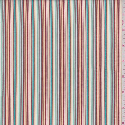 White-Turquoise-Brick Seersucker Stripe Cotton Fabric