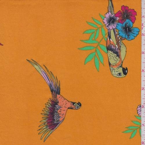 Sunset Orange Multi Parrot Floral Double Brushed Jersey Knit Fabric