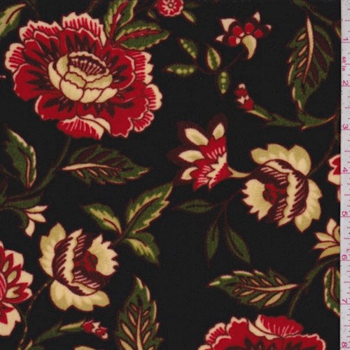 Black-Ruby Stylized Floral Stretch Velvet Fabric
