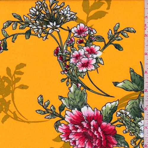 2 3/4 YD PC-Gold/Red Peony Double Brushed Jersey Knit Fabric