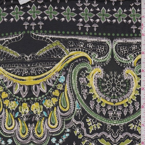 Black-Green-Yellow Moroccan Scroll ITY Knit Fabric