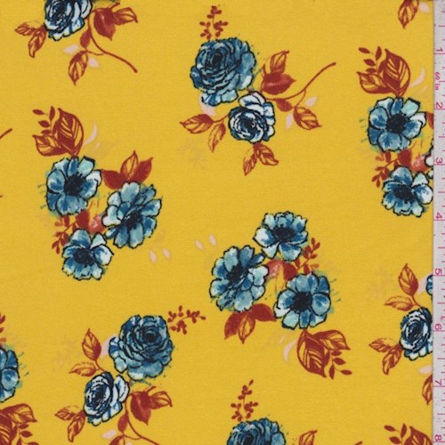 1 3/8 YD PC-Golden Yellow/Blue Floral Cluster Double Brushed Jersey Knit Fabric