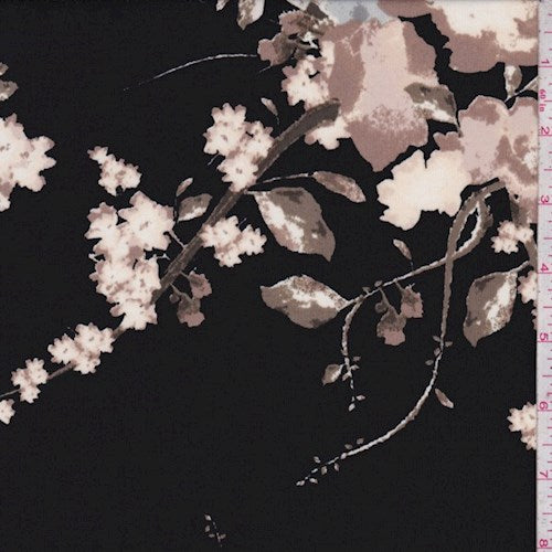 1 1/2 YD PC-Black-Beige-Taupe Floral Branch ITY Jersey Knit Fabric