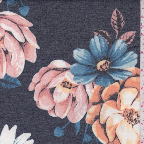 Heather Navy Floral Brushed French Terry Knit Fabric