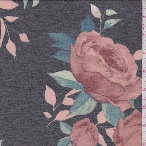Black/Blush Rose Brushed French Terry Knit Fabric