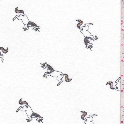 Ivory Leaping Unicorn Brushed French Terry Knit Fabric