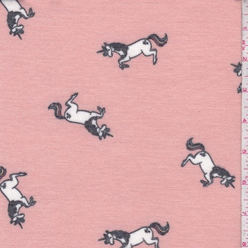 Dusty Peach Leaping Unicorn Brushed French Terry Knit Fabric
