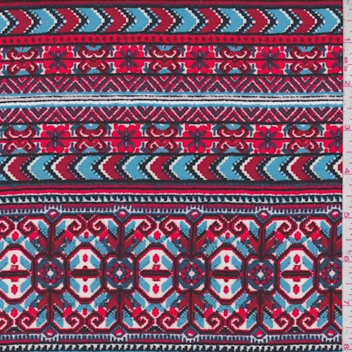 Fire Red/Sky Blue Deco Stripe Rayon Challis Fabric