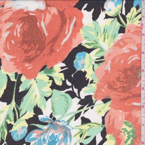3 YD PC-Black/Aqua/Apricot Brushed Floral Chiffon Fabric