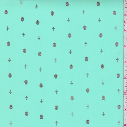 Seafoam/Gold Mini Skull/Cross Georgette Fabric