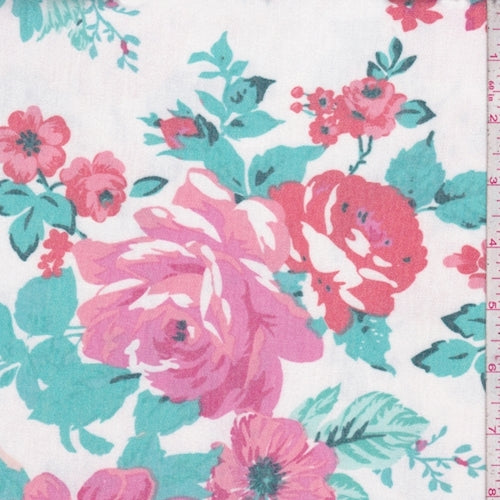 White-Aqua Green Peony Brushed French Terry Knit Fabric