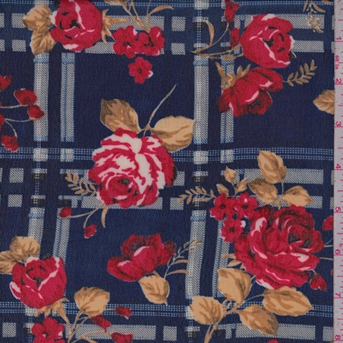1 YD PC-Navy/Ruby Plaid Floral Crepe Georgette Fabric