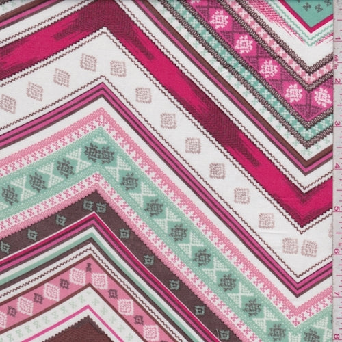 Mint/Berry/Brown Zig Zag Rayon Challis Fabric