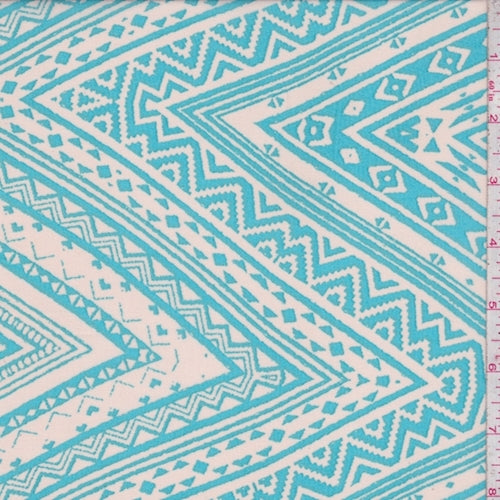 Ecru/Turquoise Aztec Zig Zag Georgette Fabric