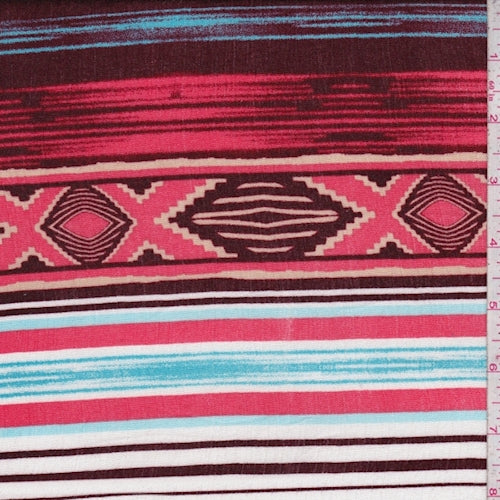 3 YD PC-Coral/Wine Aztec Striped Block Crinkled Gauze Fabric