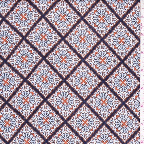 Persimmon Orange/Cloud Blue Scroll Tile Crepon Fabric