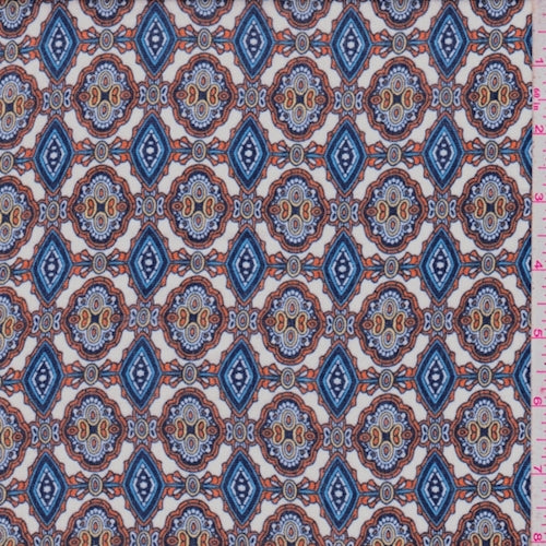 3 1/8 YD PC-White/Pumpkin/Navy Trefoil Medallion Crepon Fabric