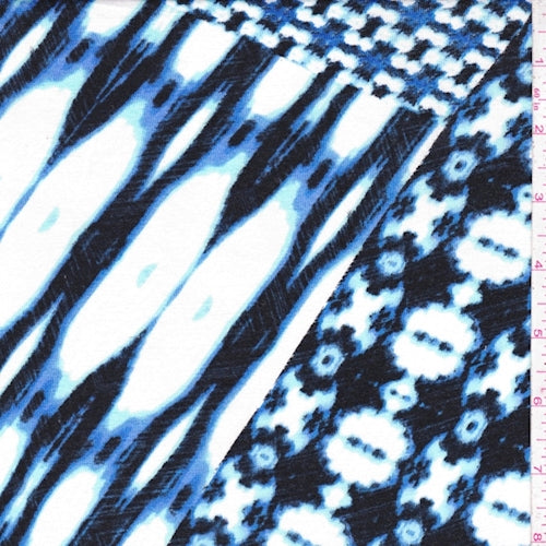 White/Blue/Black Deco Patch Rayon Jersey Knit Fabric
