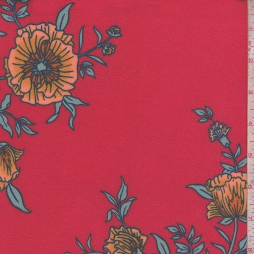 2 YD PC-Bright Red Cosmo Floral Double Brushed Jersey Knit Fabric