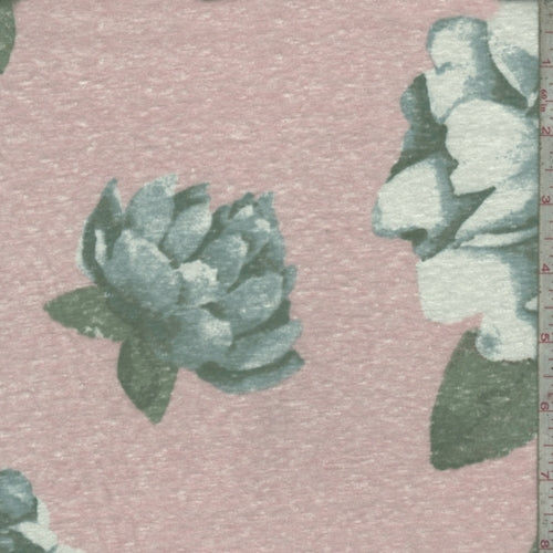 Pink/Dusty Blue Floral Bloom Slub Jersey Knit Fabric